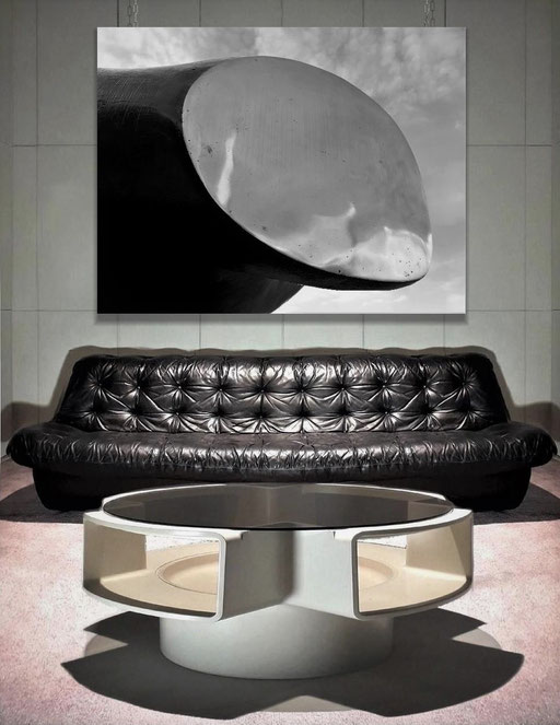 Henry Moore Sculpture Photography, 1980s / Airborne International Leather Sofa, France, c. 1968 / Jean Maneval "Orion" Table, 1968. PN.Modern