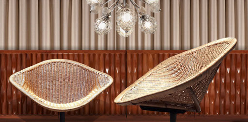 Janine Abraham Pair of Swivel Chairs, France, 1950s / De Coene Fréres Oak Brutalist Sideboard, 1970s / Palast der Republik (East German) Sputinik Chandelier, 1960s. PN.Modern