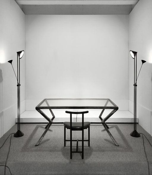 Minimal Post-modern Design: Relco Milano Florr Lamps, Italy, 1980s / German Poat-war Metal-work Steel Table, 1985 / Rodney Kinsman "Tokyo" Chairs for OMD, 1980 - PN.Modern pnmodern.com