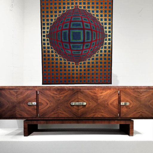 Bruno Paul Burl Walnut, Macassar, Ebony, Rosewwod Sideboard, 1933 / Victor Vasarely "Vega" Tapestry, 1960s. PN.Modern