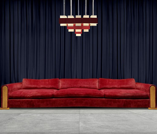 Italian Rationalist Cabinetmaker Velvet Sofa, 1940s / Hans Agne Jakobsson Large " Selectra" Chandelier for Markaryd Sweden, 1960s. PN.Modern