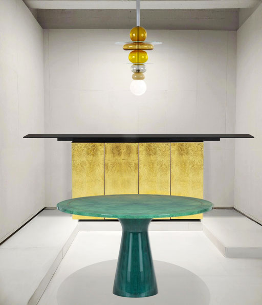 Giotto Stoppino Sideboard for Acerbis, 1970s / Aldo Tura Parchmant Dining Table, Italy, 1975 / Ettore Sottsass Fontana Arte Chandeliler, 1980s - PN.Modern pnmodern