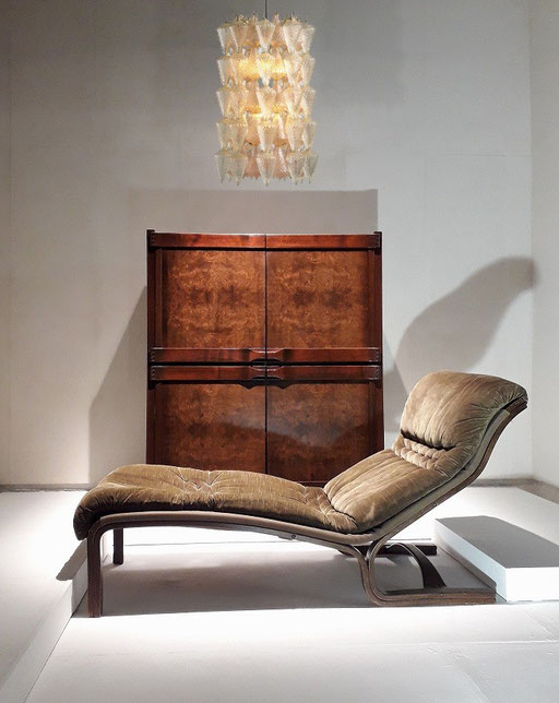 Franz Xaver Sproll Cabinet, Bern, Switzerland, 1950s / Esko Pajamies Chaise Longue for Asko Finland, 1970 / Carlo Scarpa Venini Pendant, 1950s. PN.Modern