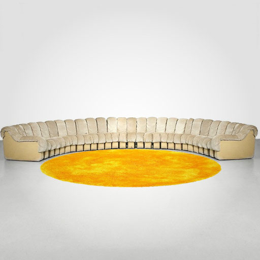  De sede  Ueli Berger, Eleanora Peduzzi Riva, Heinz Ulrich, K.Vogt.   "DS-600", Sectional "Snake" Sofa by De Sede / Large Yellow Flokati Rug, Turkey, 1960s. PN.Modern