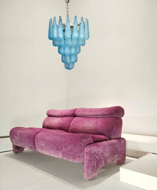  Emilio Guarnacci  "Pop-Age" Two Seaters Sofa, Mfr. 1P  Wood, Foam, Velvet  Italy, c. 1970 / Murano Blue Textured Glass Chandelier, Italy, 1990s - PN.Modern