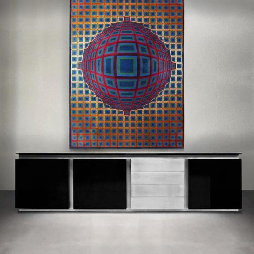 Lodovico Acerbis Sideboard for Acerbis Italy, 1974 / Victor Vasarely "Vega" Rug, france, 1960s. PN.Modern