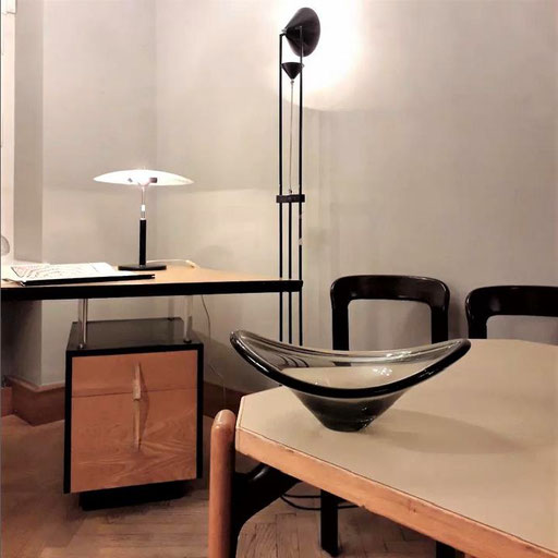 Italian Rationalist "Mobili su Misura" Desk in Yellow Maple and Lucite, 1940s / Bruno Rey Dining and Chairs Table, 1972 / Paavo Tynell Table Lamp, 1930s / Postmodern Floor Lamp by Relco milano, 1980s. PN.Modern