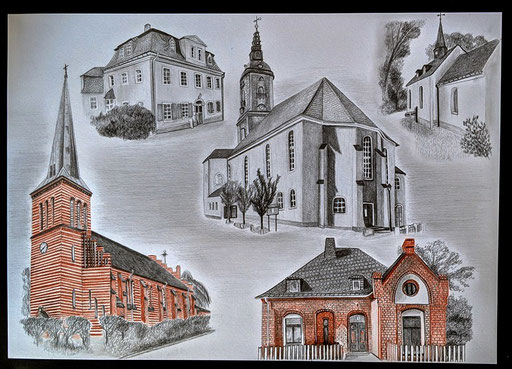Zeichnung von Kirchen und Pfarrhäusern, Abschiedsgeschenk für einen Pfarrer