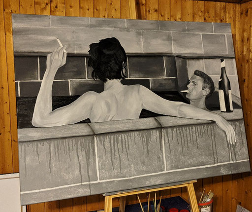 Auftragsmalerei, Leinwandgemälde aus Ölfarben, Mann mit Frau in Badewanne