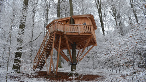 Baumhaus Kobel im Winterwald.