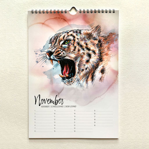 perpetual watercolor painting art birthday calendar Big Cats snow leopard | Ewiger Aquarell Kunst Kunstkalender Kalender Geburtstagskalender Raubkatzen Schneeleopard | Sandra Mahn
