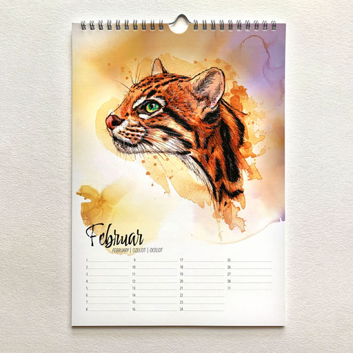 perpetual watercolor painting art birthday calendar Big Cats ocelot | Ewiger Aquarell Kunst Kunstkalender Kalender Geburtstagskalender Raubkatzen Ozelot | Sandra Mahn