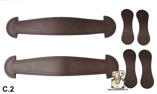 Poignées de malle luxe, cuir pleine fleur. Couleur Marron clair - Piqure noir (C2)