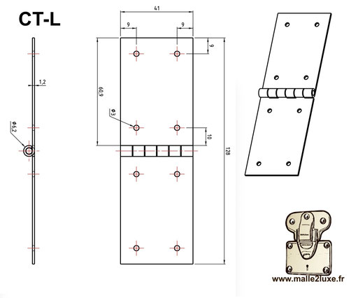 Large CT-L solid brass hinge for luxury trunk manufacturing.