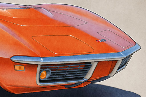 The 1969 model year Corvette drawing shows a detailed front end and blue sky reflection on the bodywork on the 16"X20"