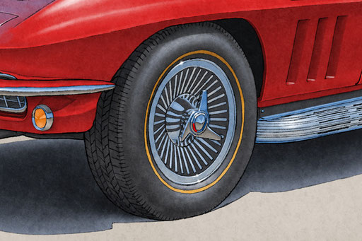 2 tire colored lines and treads are one of the main features of the 1965 model year Corvette drawing