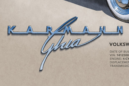 The Karmann Ghia lettering decorative rear hood emblem add authenticity to the drawing that will please owners of this car
