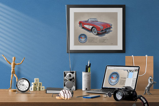 Here is the 1959-1960 Corvette drawing in a nice decorative context of a home office