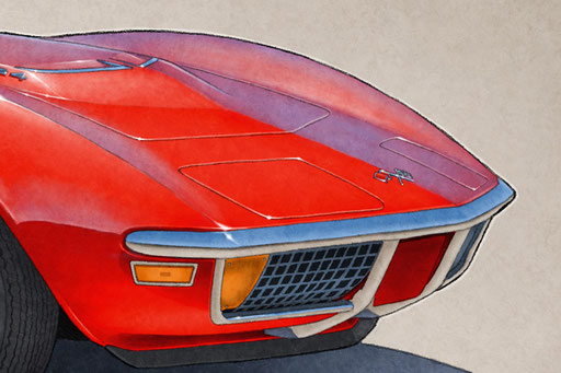 The 1970-1972 model years Corvette drawing shows a detailed front end and blue sky reflection on the bodywork on the 16"X20"