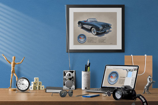 Une mise en contexte décoratif d'un bureau de maison avec le dessin de la Corvette 1958 accroché au mur.