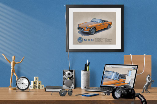 Une mise en contexte décoratif d'un bureau de maison avec le portrait dessiné de la MGB Roadster accroché au mur.