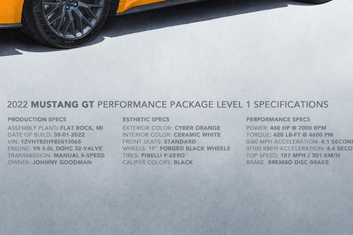 The 2019-2023 Mustang GT 2 or 3-column factory specifications and personalized information of the car are displayed on the print.