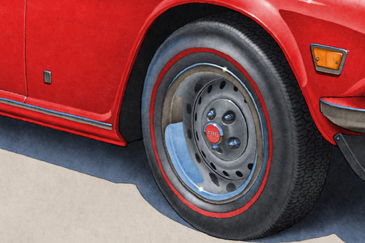 Tire treads, red line and wheels are drawn with details on the Triumph TR6 Vintage Looking Drawing.