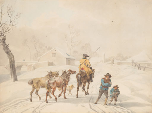 "Postillion on horse in a winter landscape" by Wilhelm von Kobell (1798)