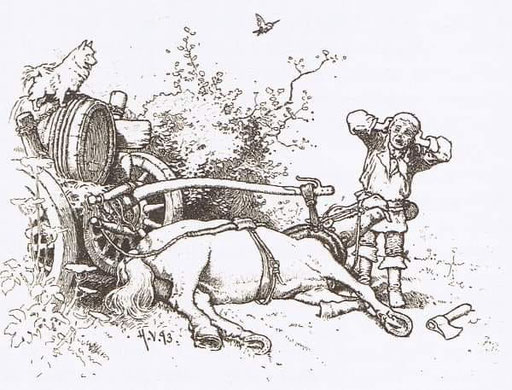 Fuhrmannsspitz auf einer Illustration zum Grimm-Märchen "Der Hund und der Sperling" von Hermann Vogel (1854 - 1921)