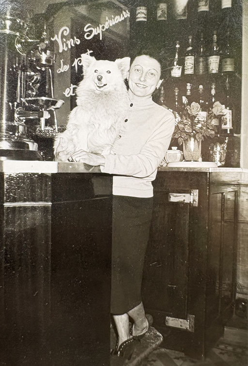 Weißer Deutscher Großspitz mit Frauchen in einer französischen Bar, vintage Foto