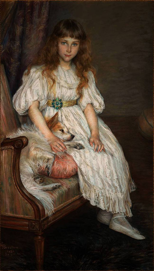 Louise Breslau (1856 - 1926): "Petite fille au chien blanc ou portrait d'Adeline Poznanska" - "Das kleine Mädchen mit dem weißen Hund oder Porträt von Adeline Poznanska". Gemalt im Jahre 1891.