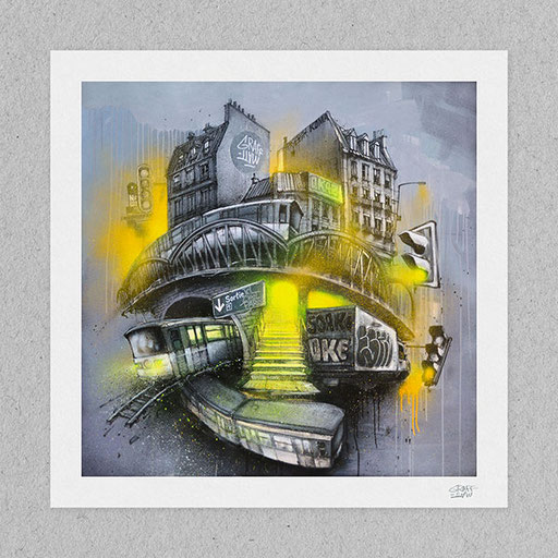 street-art graffiti art urbain urban art graffmatt tirage d'art édition limitée signé et numéroté Ici C'est Paris œuvre réalisée lors du festival streetart à La Poste du Louvre Paris avec la Galerie Roussard illustration métro paris immeubles
