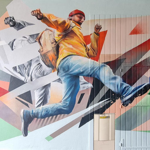 fresque intérieure décoration mur extérieur station ski la plagne tarentaise commande artistique fresque artiste peintre professionnel street art montagne trompe l'œil sport hiver été graff graph joli graffiti déco mural sportif jeune dynamique