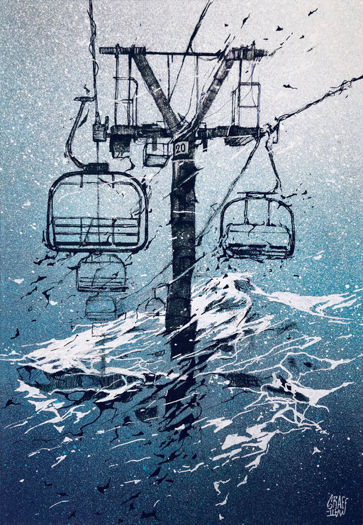 <alt="dessin confinement art pandémie station de ski sport d'hiver montagne ski télé-siège remontés mécaniques coronavirus covid_19 crise sanitaire neige savoie haute-savoie france 2020 tourisme impacté virus">