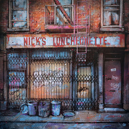 <alt="tableau d'art contemporain scène de rue New-York graffiti déco urbaine GRAFFMATT streetart œuvre d'art originale paysage urbain façade immeuble new-yorkais art contemporain urbain">