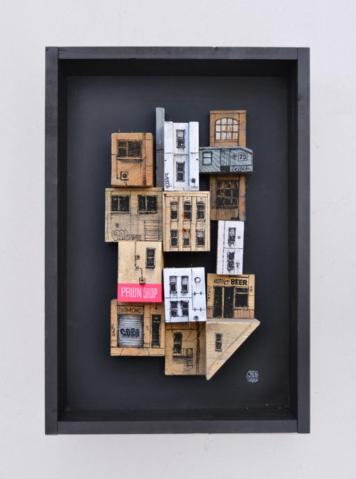 <alt="artiste peintre savoie chambéry cityscape graffmatt ville art sur bois palette récupération artiste artistic wooden pallet streetart contemporain paysage urbain building original contemporary art">