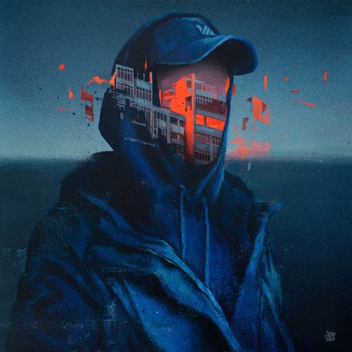 Peinture contemporaine urbain portrait homme mixé à la ville cityscape urban art graffiti art painting by GRAFFMATT french street artist muralist modern artist surrealism