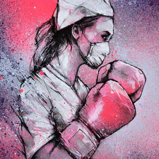 <alt="dessin infirmière boxe gants de boxe dessin coronavirus covi_19 corona art graffmatt artiste france dernier round combat virus illustration streetart peinture d'œuvre aide profit du fond d'urgence des hôpitaux AP-HP paris projet Saato graffmatt">