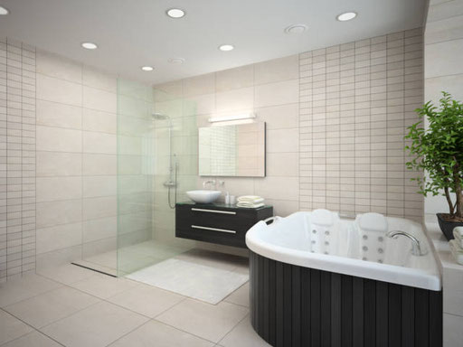 Badezimmer mit Dusche und Eckbadewanne