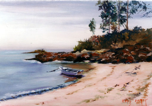 Lancha reposando en una playa de Abanqueiro-Boiro,óleo sobre lienzo,medidas:33x19:,pvp:190-E