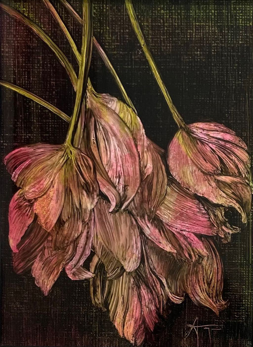 Agnès Jennepin, 23X25,5cm, huile sur verre, travail par effacement sur fond papier peint, encadré. Galerie Gabel, Biot, Côte d'Azur
