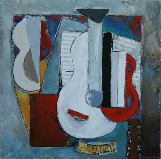 Anne Arnaud-Huile sur toile-80X80cm-"guitares"Gabel-Galerie d'art Biot-Valbonne-Antibes