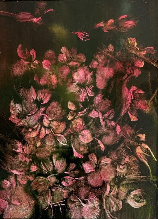 Agnès Jennepin, 20X25,5cm, huile sur verre, travail par effacement sur fond papier peint, encadré. Galerie Gabel, Biot, Côte d'Azur