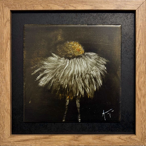 Agnès Jennepin, 22X22cm, huile sur faïence, travail par effacement sur fond carreau de faïence, encadré. Galerie Gabel, Biot, Côte d'Azur