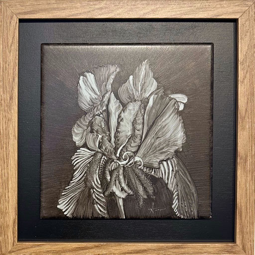 Agnès Jennepin, 22X22cm, huile sur faïence, travail par effacement sur fond carreau de faïence, encadré. Galerie Gabel, Biot, Côte d'Azur