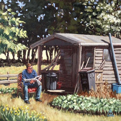 Isolation: Working at the Allotment! - Acrylic, 8 x 8 inches (20 x 20 cm).  Highly Commended, Salisbury Group of Artists exhibition 2021