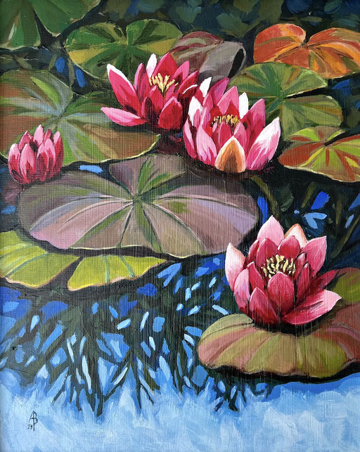 Water lilies - Acrylic on board, 10 x 8 inches (25 x 20 cm).