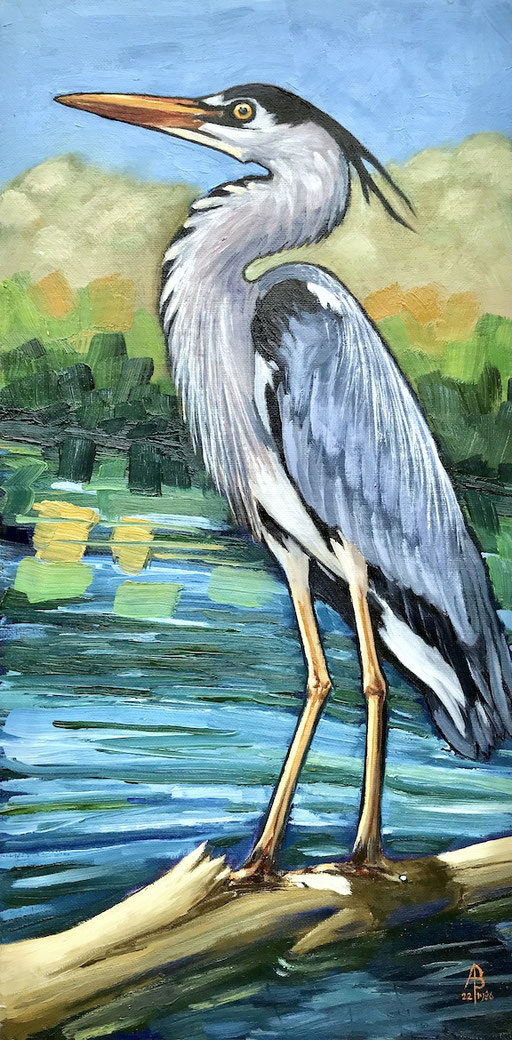 Haughty Heron - Oil, 8 x 16 inches (20 x 40 cm).  Special Merit Light Space & Time 12th 'Animal' worldwide competition 2022