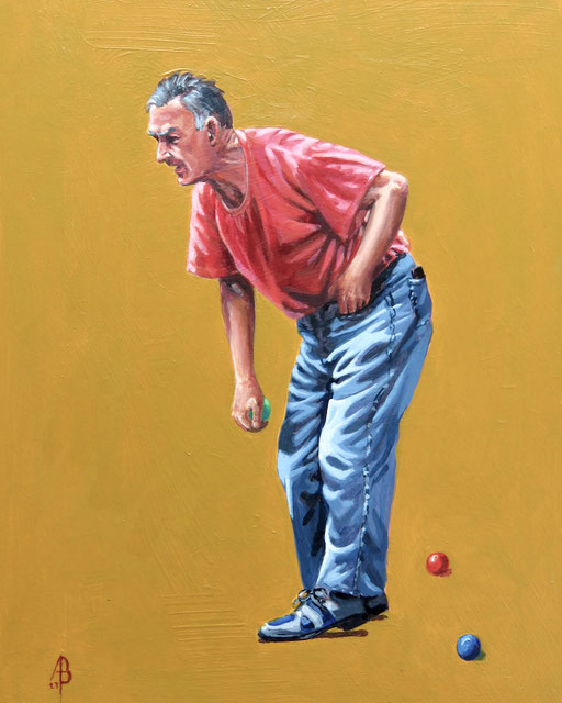 Demon boule player/Competitive grandfather! - Acrylic on gessoed board, 10 x 8 inches (25 x 20cm). Special Merit Award Light Space & Time Open competition 2023