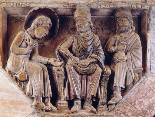 avant 1187, cathédrale de Modène, judas iscariote reçevant les 30 sous pour avoir vendu Jésus, Mathieu 26-14